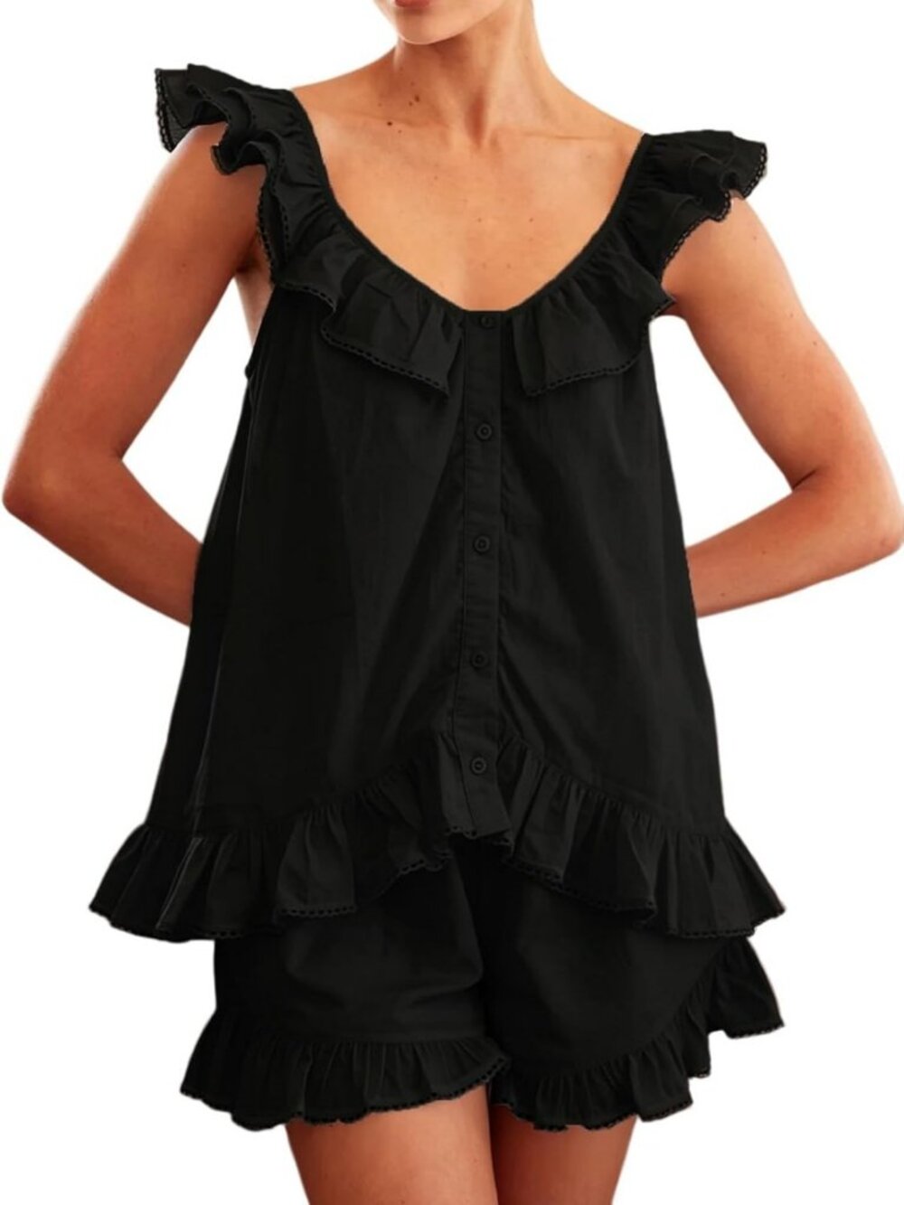 Summer Ruffle Pajama Set for Women | 2-Piece Cotton Cami & Shorts Sleepwear